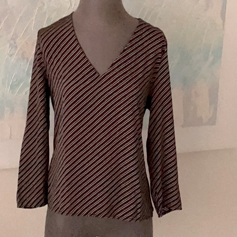 Mango Black and Brown Striped V-Neck Blouse